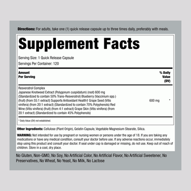 Supplement Facts panel for Resveratrol 600 mg, featuring 120 capsules.