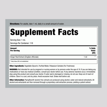 Ginger Root Liquid Extract supplement facts panel displaying nutritional information.