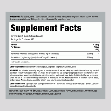 Supplement Facts panel showing details for Wormwood Black Walnut 400 mg with 120 capsules.