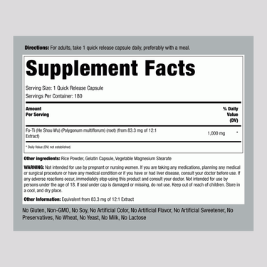 Supplement Facts panel for Fo-Ti Root capsules, 1000 mg, 180 count, showing ingredient details and nutritional information.