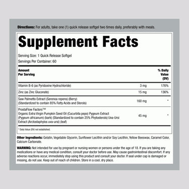 Saw Palmetto Extract supplement facts for 160 mg, 60 softgels.