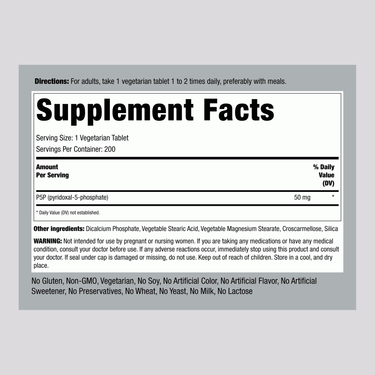 Supplement Facts for P-5-P Coenzyme Vitamin B-6 50 mg, 200 Tablets.
