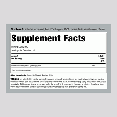 Supplement Facts for Korean Ginseng Liquid extract, 2 fl oz bottle.