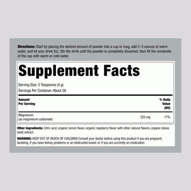 Supplement Facts panel for NV Calm Raspberry Lemon, 8 oz (226 g).