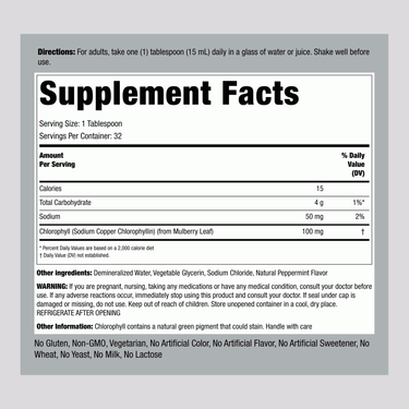 Supplement Facts for Liquid Chlorophyll 16 OZ, detailing nutritional information and ingredients in a clear format.