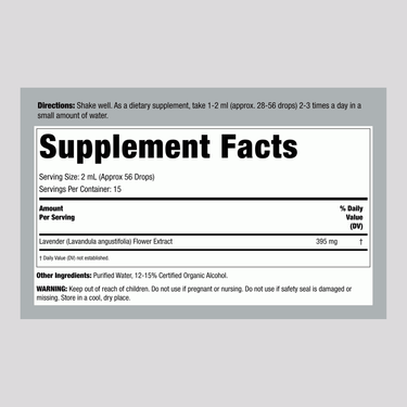 Supplement Facts panel for Nature's Answer Lavender Flower Liquid Extract 1 OZ.