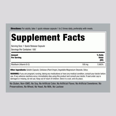 Supplement Facts panel for B-2 100 mg capsules, 180 count.
