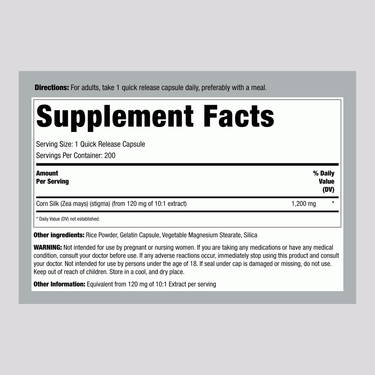 Supplement Facts panel for Corn Silk 1200 mg, 200 Capsules.