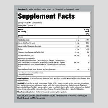 Supplement Facts for PIP Mini Tabs Glucosamine Chondroitin Coated Tablets 300 count.