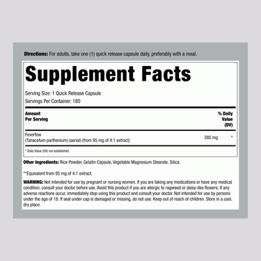 Supplement Facts panel for Carlyle Feverfew 380 mg, showing details for 180 capsules.