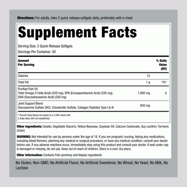 Image of the Supplement Facts panel for Joint Support with 60 softgels, detailing nutrients and dosage information.