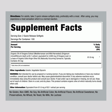 Supplement Facts for Oregano Oil 4000 mg Softgels, 200 count.