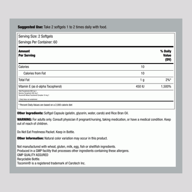 Image of the Supplement Facts panel for Now Advanced Gamma E, with details for 120 softgels.
