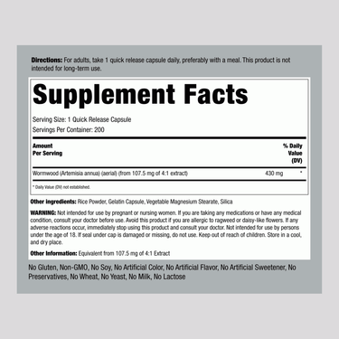 Wormwood (Artemisia annua), 430 mg, 200 Quick Release Capsules