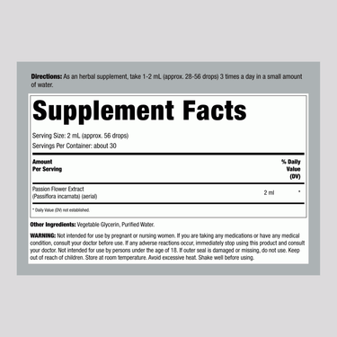 Passion Flower liquid extract supplement, 2 fl oz, facts panel.