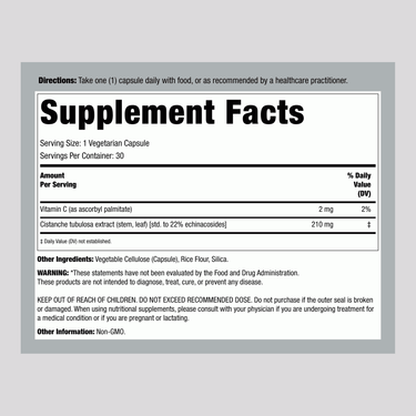 Image of the Supplement Facts panel for Standardized Cistanche, 30 vegetarian capsules.