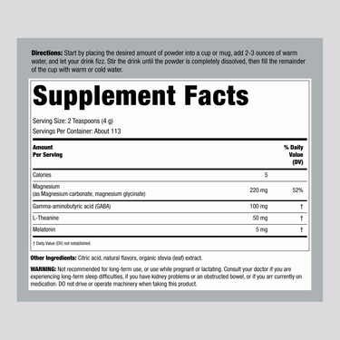 Supplement Facts panel for NV Calm Sleep Mag plus Melatonin, 16 oz (453 g) bottle, detailing ingredients and nutritional information.