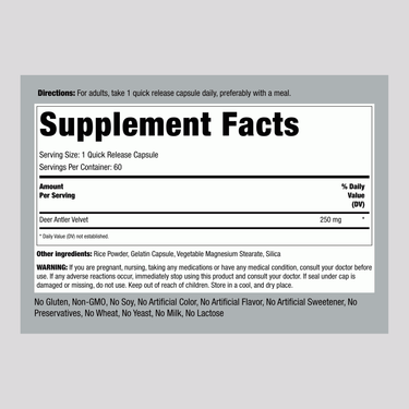 Supplement Facts for IGF-1 Deer Antler Velvet Extract Capsules, 60 count.