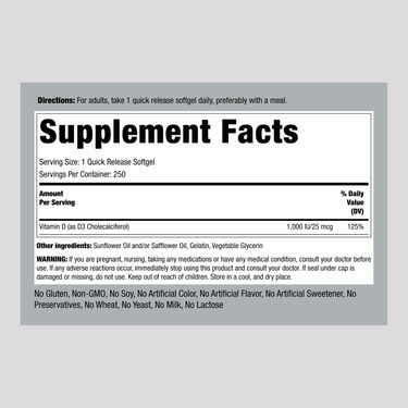 The Supplement Facts for D3 1000 IU Softgels, 250 count, showing nutritional details and serving size.