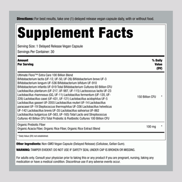 Label showing supplement facts for Ult Flora Extra Care 100 Billion 30 Veg Capsules.