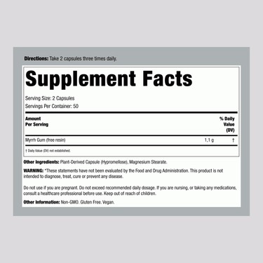 Supplement Facts for Nature's Way Myrrh Gum 550 mg Capsules, 100 count.