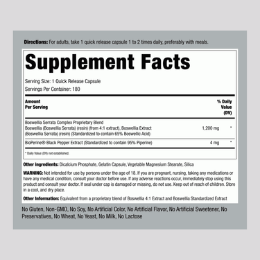 Supplement Facts panel for Boswellia Serrata 1200 mg, 180 Capsules.