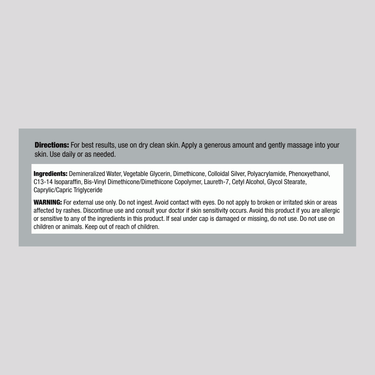 Supplement Facts panel for Colloidal Silver Gel Cream, 4 oz, displaying nutritional information.