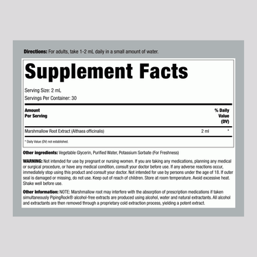 Marshmallow Root Liquid Extract Supplement Facts panel, alcohol-free formulation details.