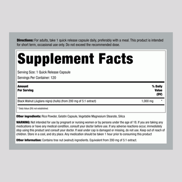 Supplement Facts label for Black Walnut Hulls 1000 mg Capsules, 120 count.