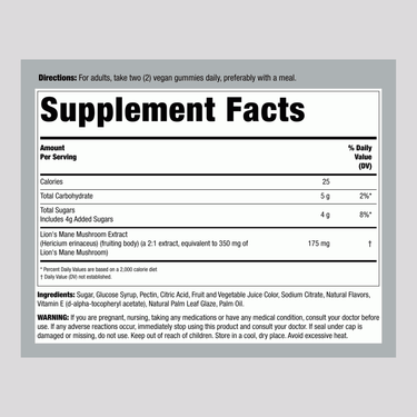 Supplement Facts panel for Horbaach Lion's Mane 60 Gummies, detailing ingredients and nutritional information.