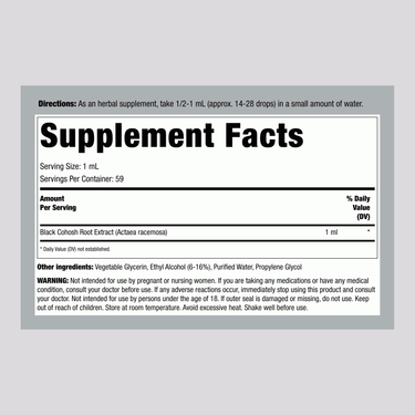 Supplement Facts label for Black Cohosh Root Liquid Extract 2 oz.