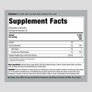 Supplement Facts panel for Collagen Type 1 and 3 Gummies, showing nutritional information for a 60-gummy bottle.