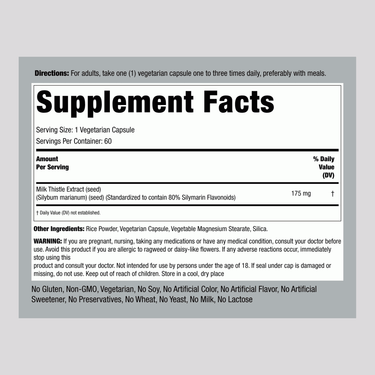 This is the Supplement Facts panel for Milk Thistle Seed, showing 175 mg per capsule, with a total of 60 capsules in the package.
