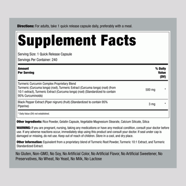 Supplement Facts panel for Turmeric 500 mg Standardized Capsules, 240 count.