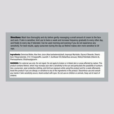 Image of the Supplement Facts panel for a 4 OZ Retinol Cream, detailing its ingredients and nutritional information.