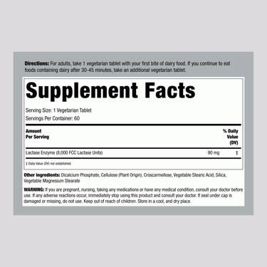 Supplement facts panel for Dairy Relief FA Lactase 9,000 Units, 60 Tablets.