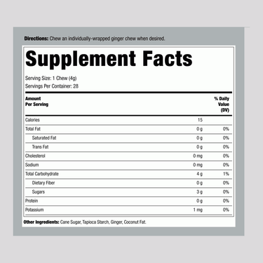 Supplement Facts panel for Prince of Peace Ginger Chews Original 4 OZ.