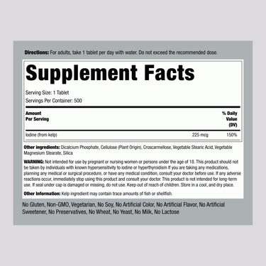 Sea Kelp (Iodine Source), 225 mcg, 500 Tablets