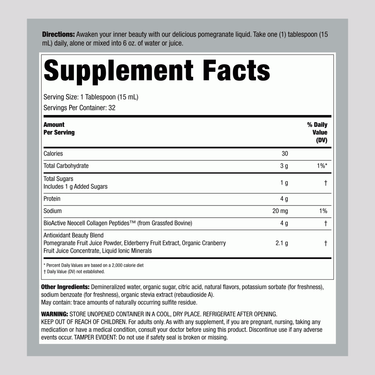 Supplement Facts for NCL Collagen Liquid Pomegranate, 16 Fl oz, displayed in detail.