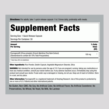 This image shows the Supplement Facts panel for Pycnogenol 100 mg Capsules, containing 30 capsules per bottle.