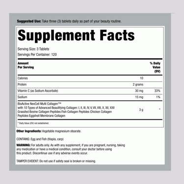 Supplement Facts panel detailing the NCL Multi Collagen 3000mg in 360 caplets, featured in a teal design.