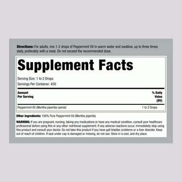 Supplement Facts panel for Peppermint Oil Edible Liquid in a 15 mL bottle.