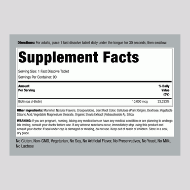 Supplement Facts panel showing details for Biotin Fast Melt.