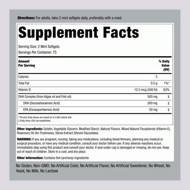 The Supplement Facts panel shows details for DHA Mini 150 Softgels, including ingredients and nutritional information.