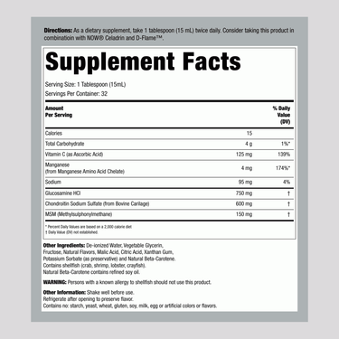 Supplement Facts panel for Now Liquid Glucosamine, Chondroitin, MSM 16 OZ.