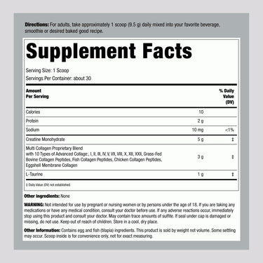 Supplement Facts panel detailing PIP Creatine + Collagen Powder 285 grams.