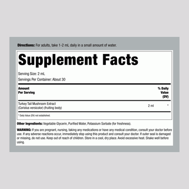 Supplement Facts panel for Carlyle TurkeyTail Mushroom Liquid Extract 2 fl oz bottle.