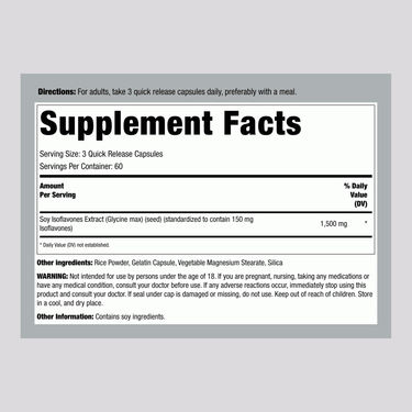 Label showing supplement facts for Soy Isoflavones 1500 mg, 200 capsules.