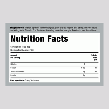 Nutrition Facts panel detailing ingredients and nutritional information for China Oolong Tea.