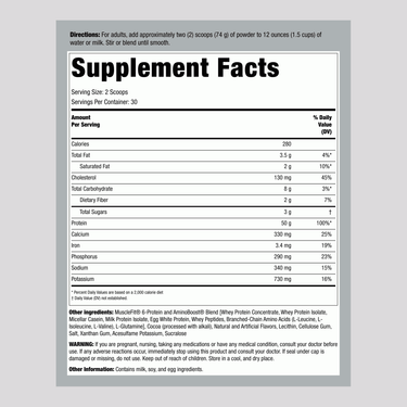 Supplement Facts for MuscleFIt Protein Chocolate Ice Cream 5lb container, detailing nutritional content.